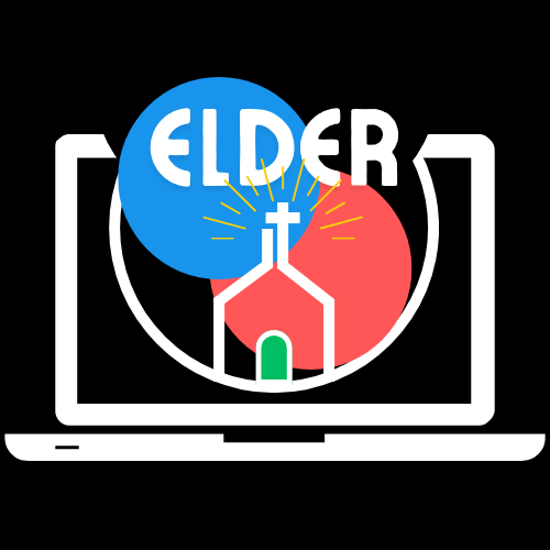 Company icon of a laptop with a church on the screen and IT as its steeple and the word elder above the steeple. Yellow sunshine rays radiating from the steeple. A blue circle and a red circle in the background of the screen. A green door on the church.