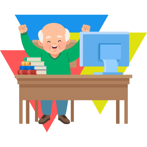 animated cartoon-style graphic of a senior-aged man celebrating behind a computer desk