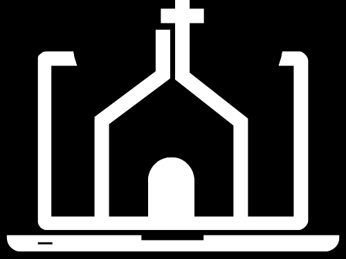 Company icon of a laptop with a church on the screen and IT as its steeple.